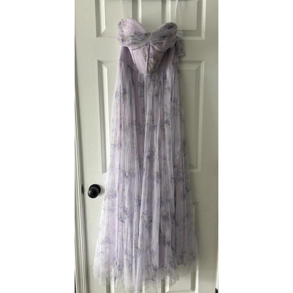 Dessy Collection Lavender Floral Strapless Maxi Gown